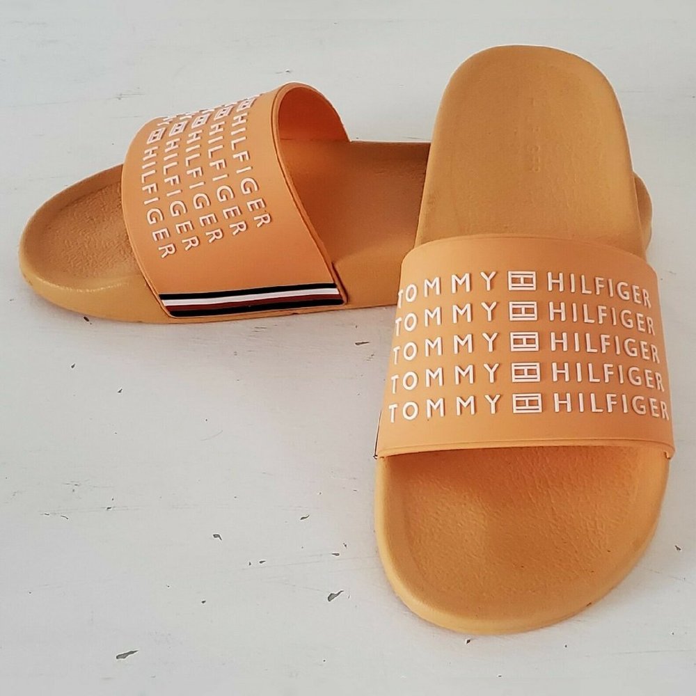 TOMMY HILFIGER ESCO-C SLIDE SANDALS MEN ORANGE HIGH RELIEF LOGO SIZ 11 LIGHTWEIG